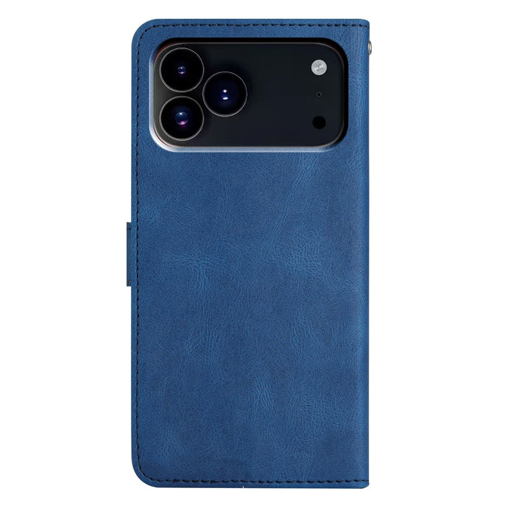 For iPhone 17 Pro Max Wallet Case Line Imprinted Skin-Touch Leather Flip Phone Cover - Blue