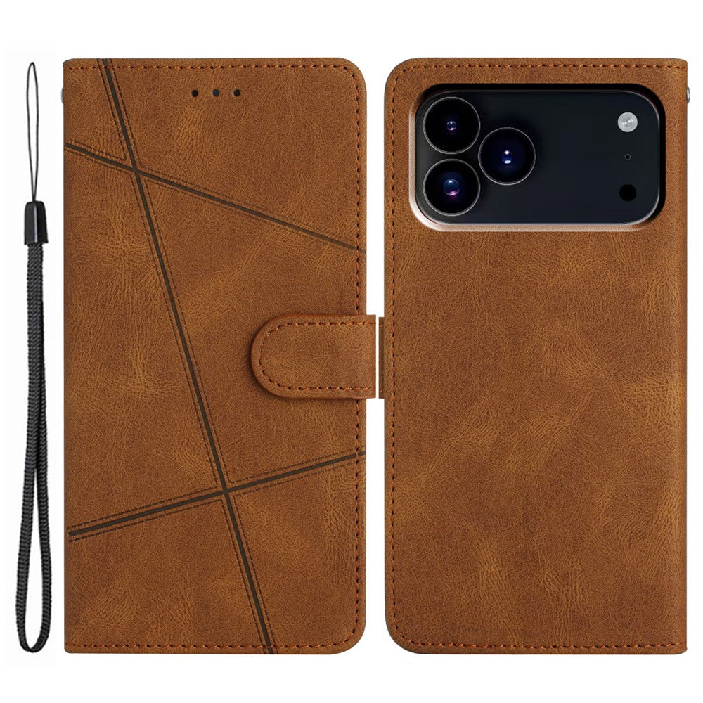 For iPhone 17 Pro Max Wallet Case Line Imprinted Skin-Touch Leather Flip Phone Cover - Brown