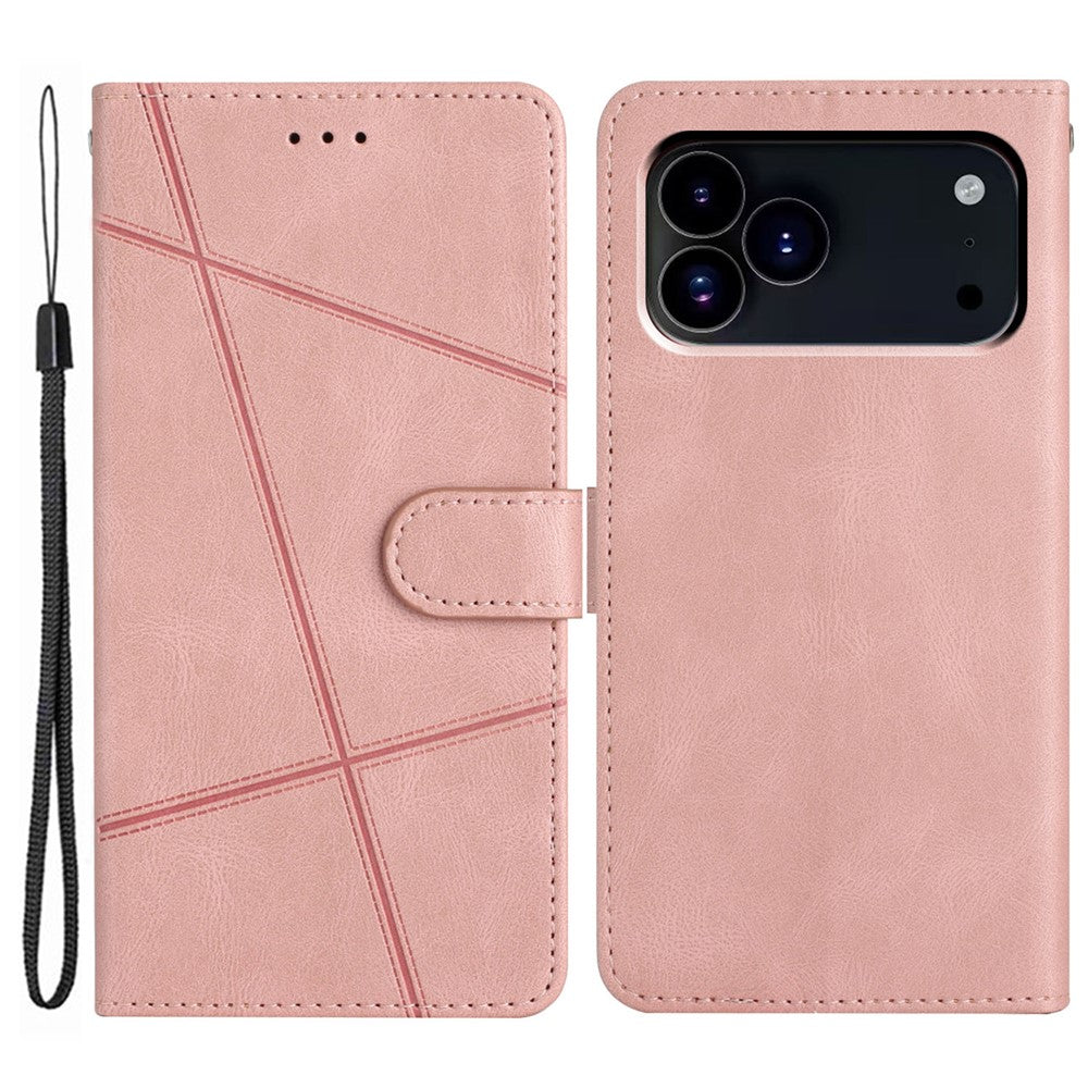 For iPhone 17 Pro Max Wallet Case Line Imprinted Skin-Touch Leather Flip Phone Cover - Rose Gold