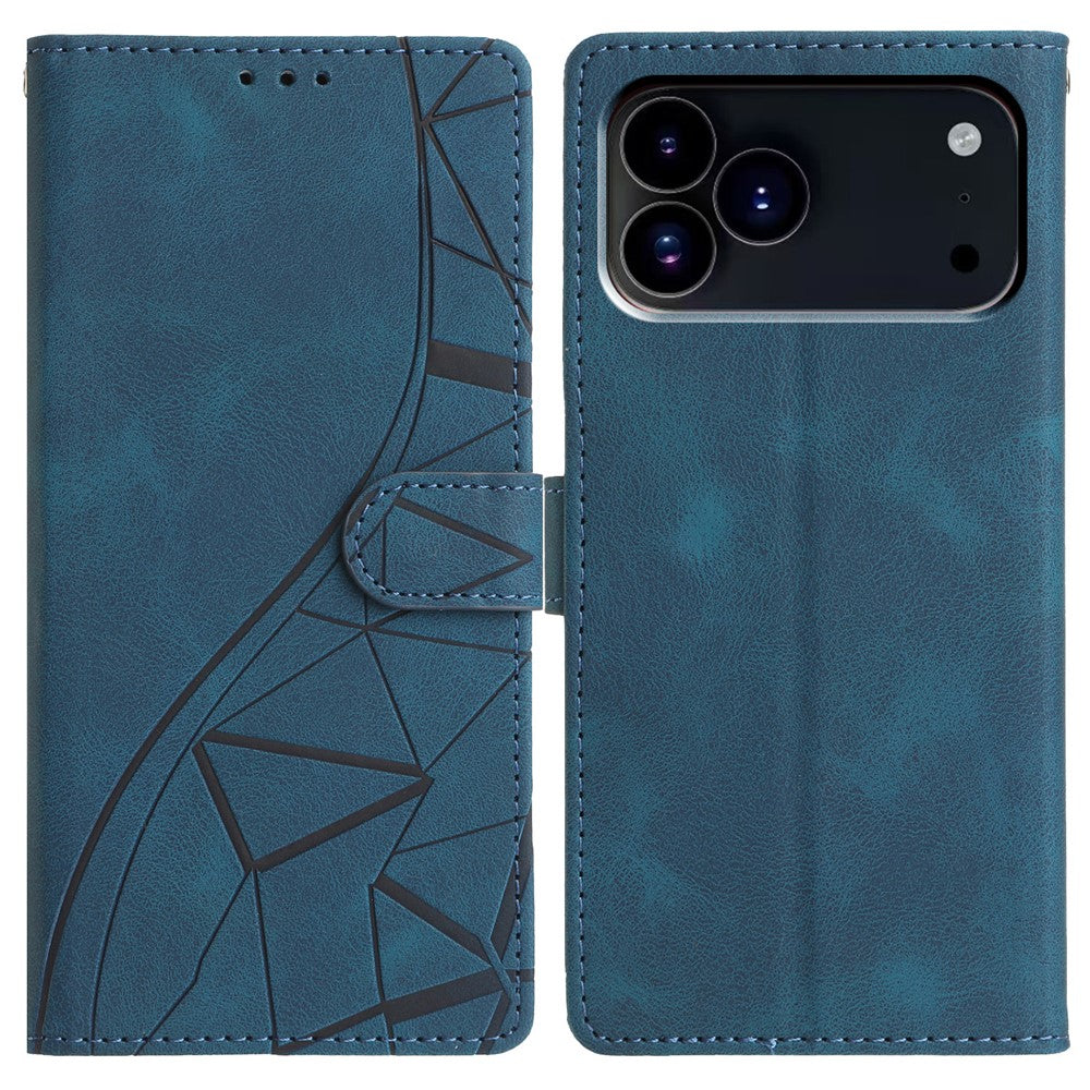 For iPhone 17 Pro Max Case Wallet Stand Imprinted Triangle Pattern Leather Phone Flip Cover - Blue
