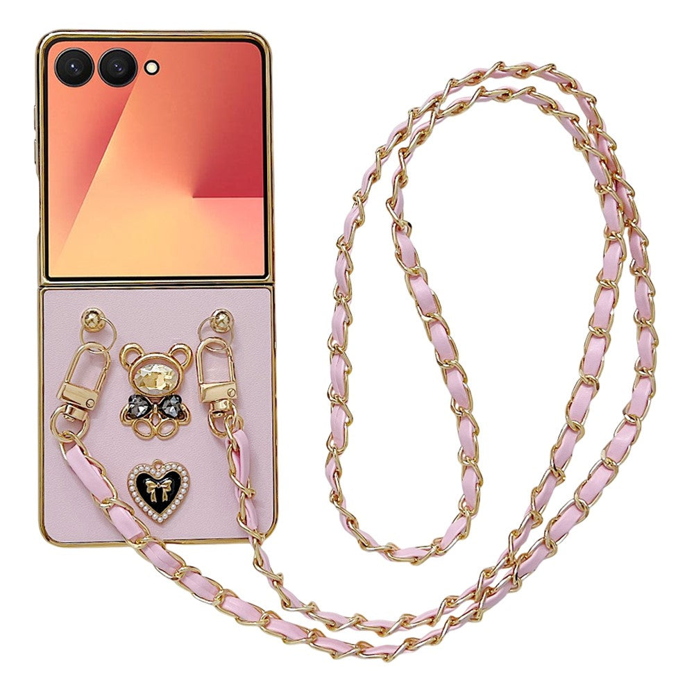 For Samsung Galaxy Z Flip7 5G Case with Lanyard Nappa Heart Bear Decor Texture PU TPU PC Phone Back Cover - Pink