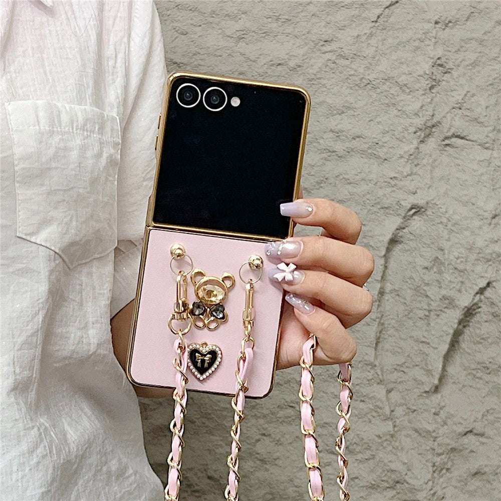 For Samsung Galaxy Z Flip7 5G Case with Lanyard Nappa Heart Bear Decor Texture PU TPU PC Phone Back Cover - Pink