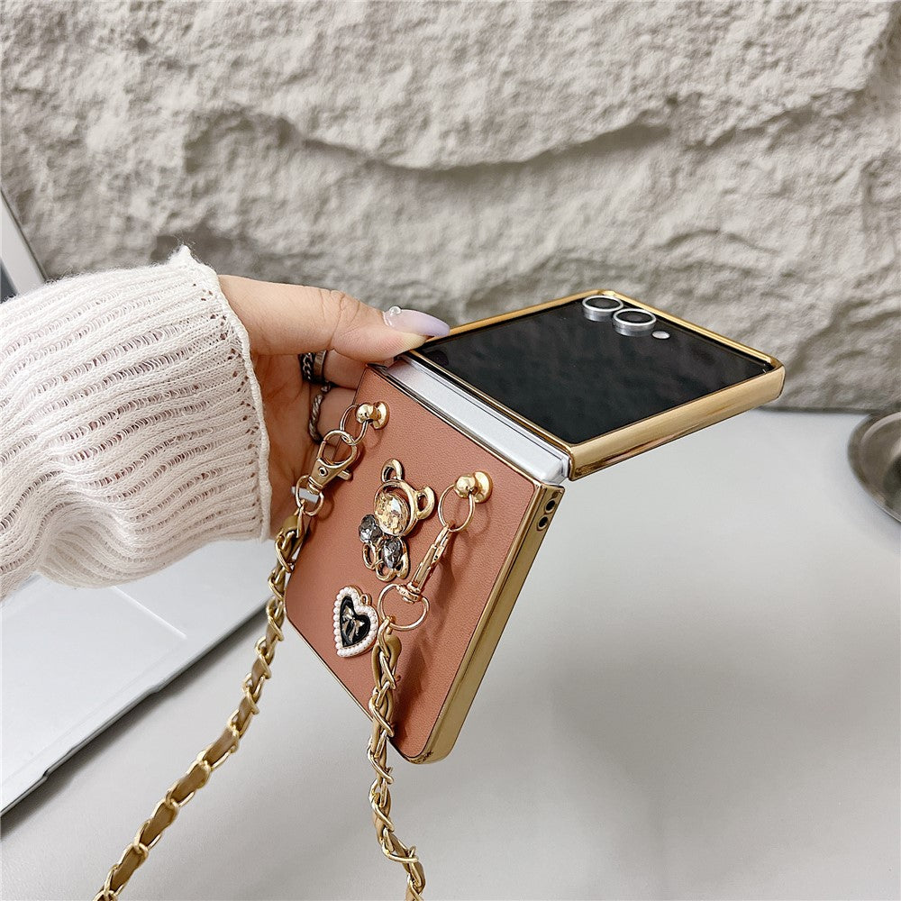 For Samsung Galaxy Z Flip7 5G Case with Lanyard Nappa Heart Bear Decor Texture PU TPU PC Phone Back Cover - Black