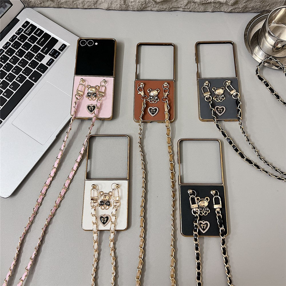 For Samsung Galaxy Z Flip7 5G Case with Lanyard Nappa Heart Bear Decor Texture PU TPU PC Phone Back Cover - White