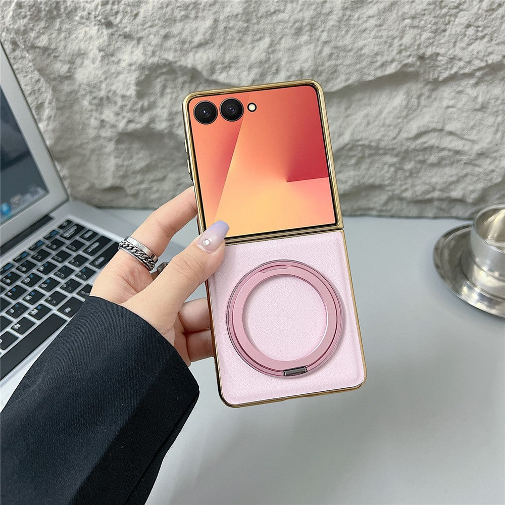 For Samsung Galaxy Z Flip7 5G Magnetic Case with Rotating Kickstand Nappa Texture PU TPU PC Phone Back Cover - Pink