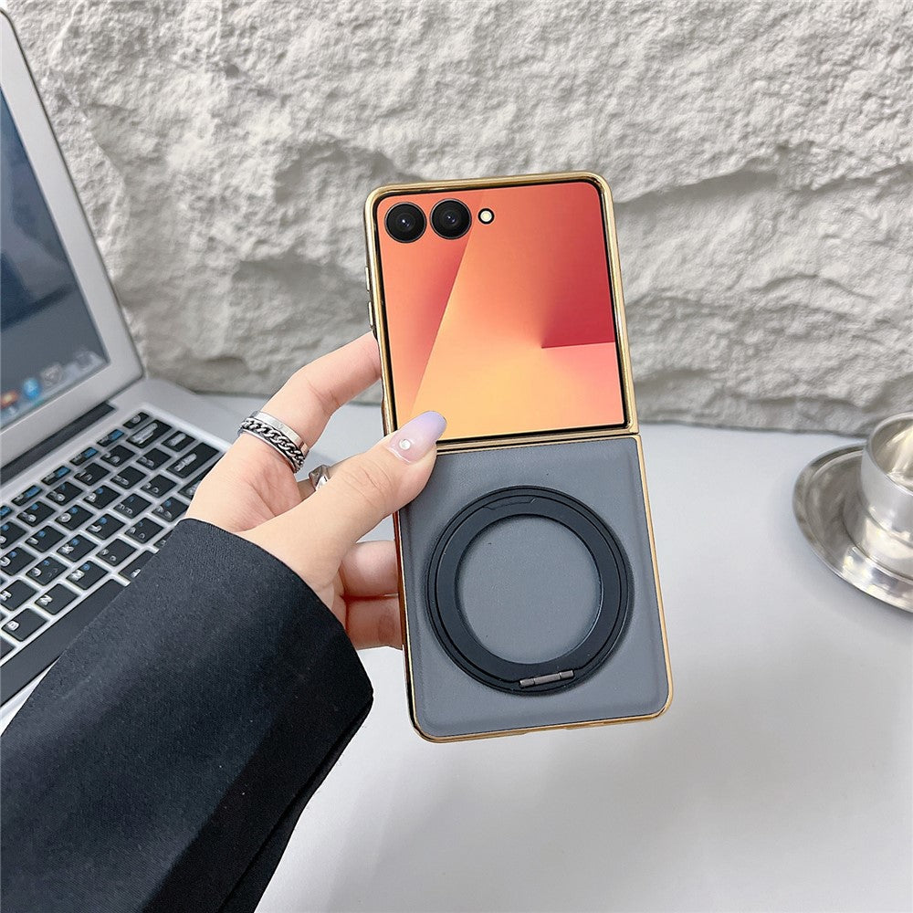 For Samsung Galaxy Z Flip7 5G Magnetic Case with Rotating Kickstand Nappa Texture PU TPU PC Phone Back Cover - Navy Blue