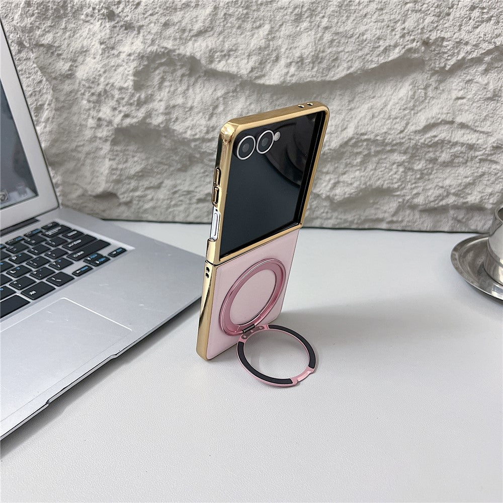 For Samsung Galaxy Z Flip7 5G Magnetic Case with Rotating Kickstand Nappa Texture PU TPU PC Phone Back Cover - Navy Blue