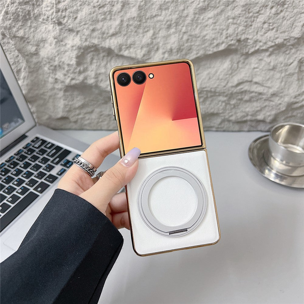 For Samsung Galaxy Z Flip7 5G Magnetic Case with Rotating Kickstand Nappa Texture PU TPU PC Phone Back Cover - White