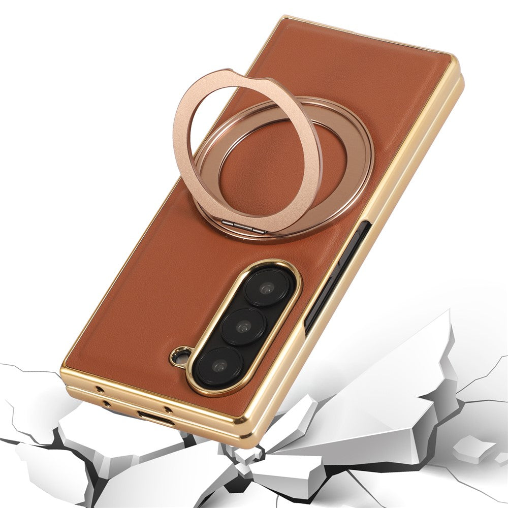 For Samsung Galaxy Z Fold7 5G Magnetic Case with Rotating Kickstand Nappa Texture PU TPU PC Phone Back Cover - Navy Blue