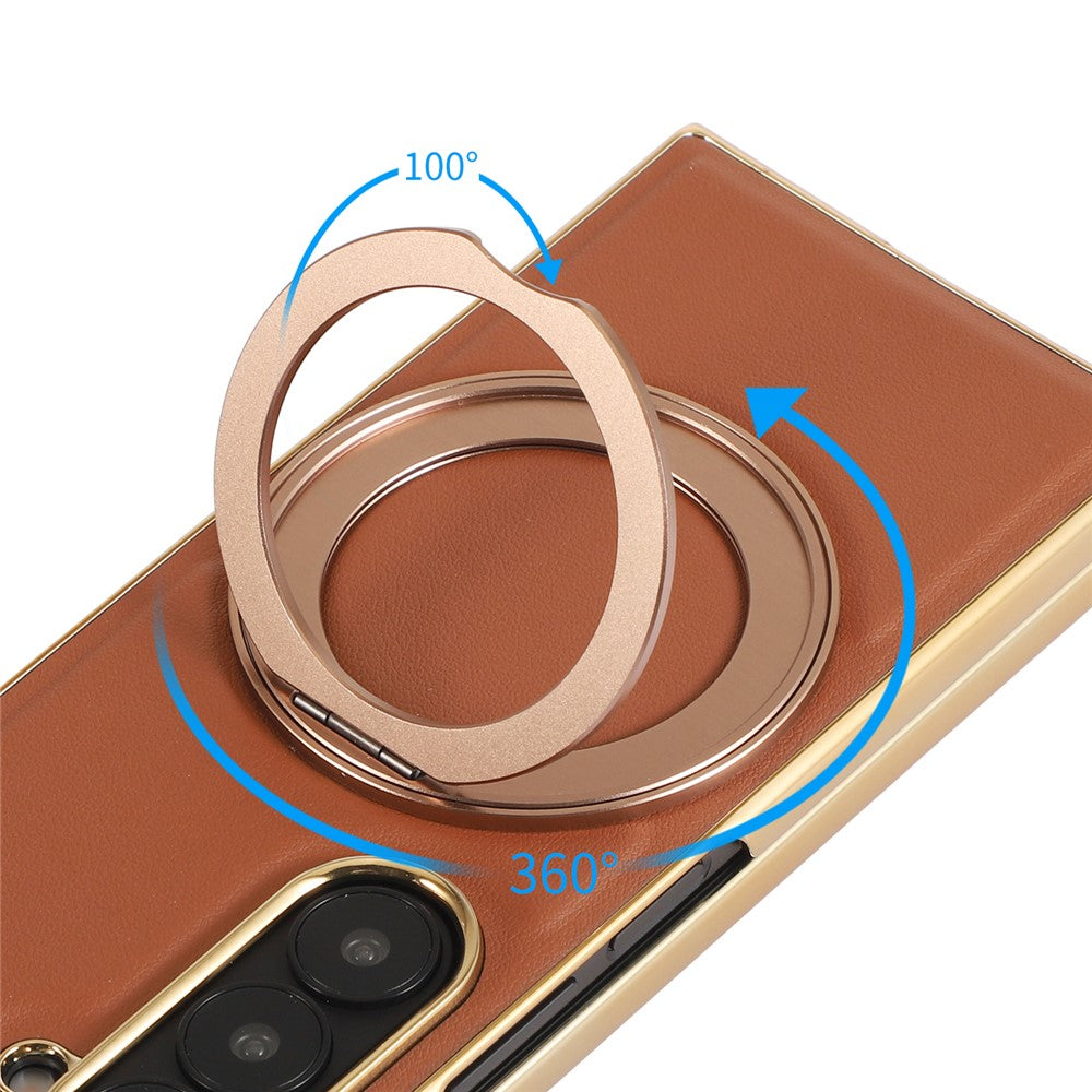 For Samsung Galaxy Z Fold7 5G Magnetic Case with Rotating Kickstand Nappa Texture PU TPU PC Phone Back Cover - Navy Blue