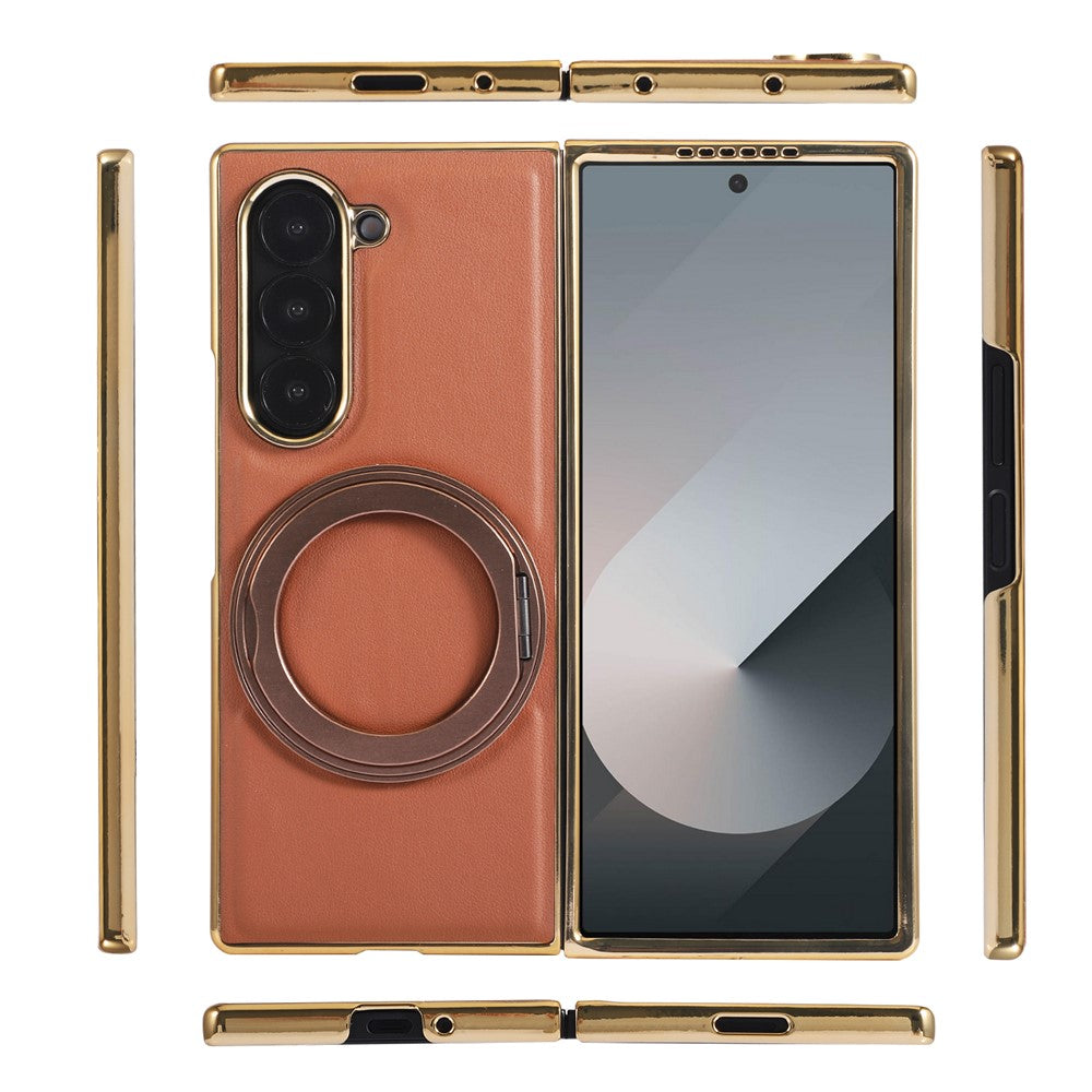 For Samsung Galaxy Z Fold7 5G Magnetic Case with Rotating Kickstand Nappa Texture PU TPU PC Phone Back Cover - Pink