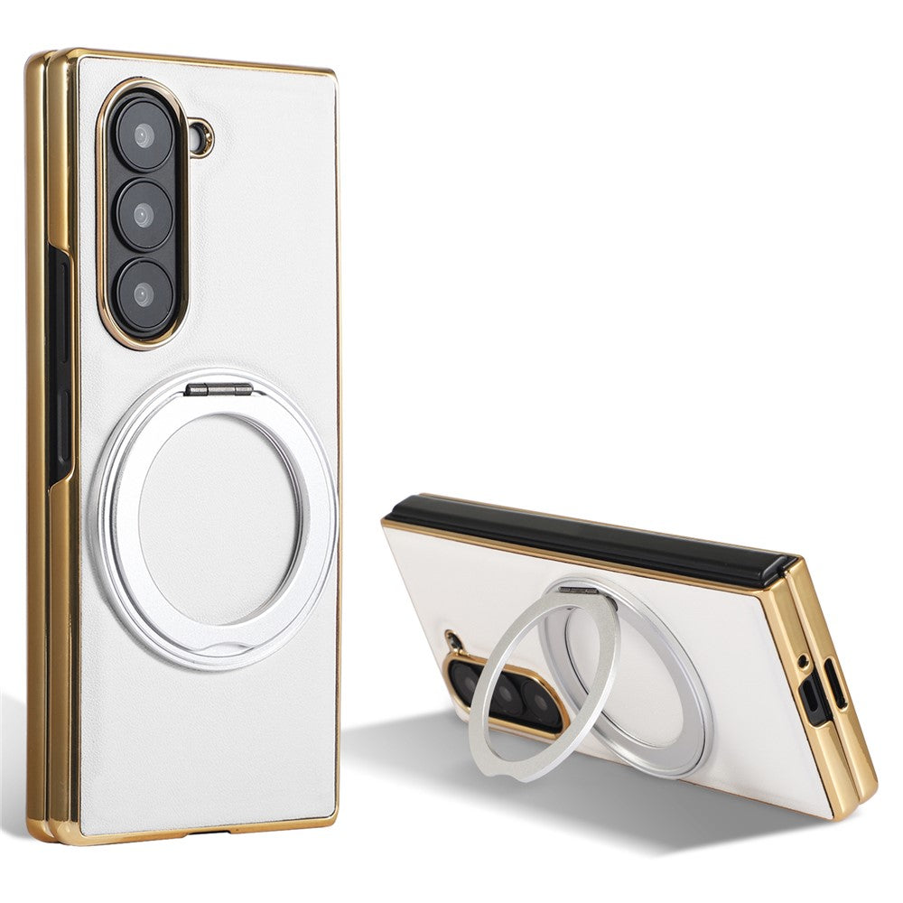For Samsung Galaxy Z Fold7 5G Magnetic Case with Rotating Kickstand Nappa Texture PU TPU PC Phone Back Cover - White