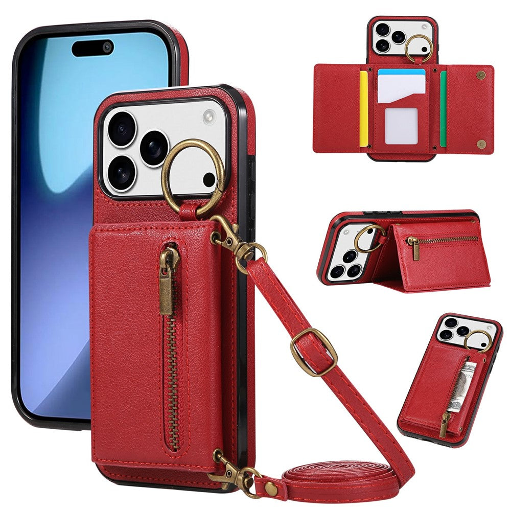 For iPhone 17 Pro Max Leather Back Cover Zipper Wallet Kickstand Phone Case with Shoulder Strap - Red