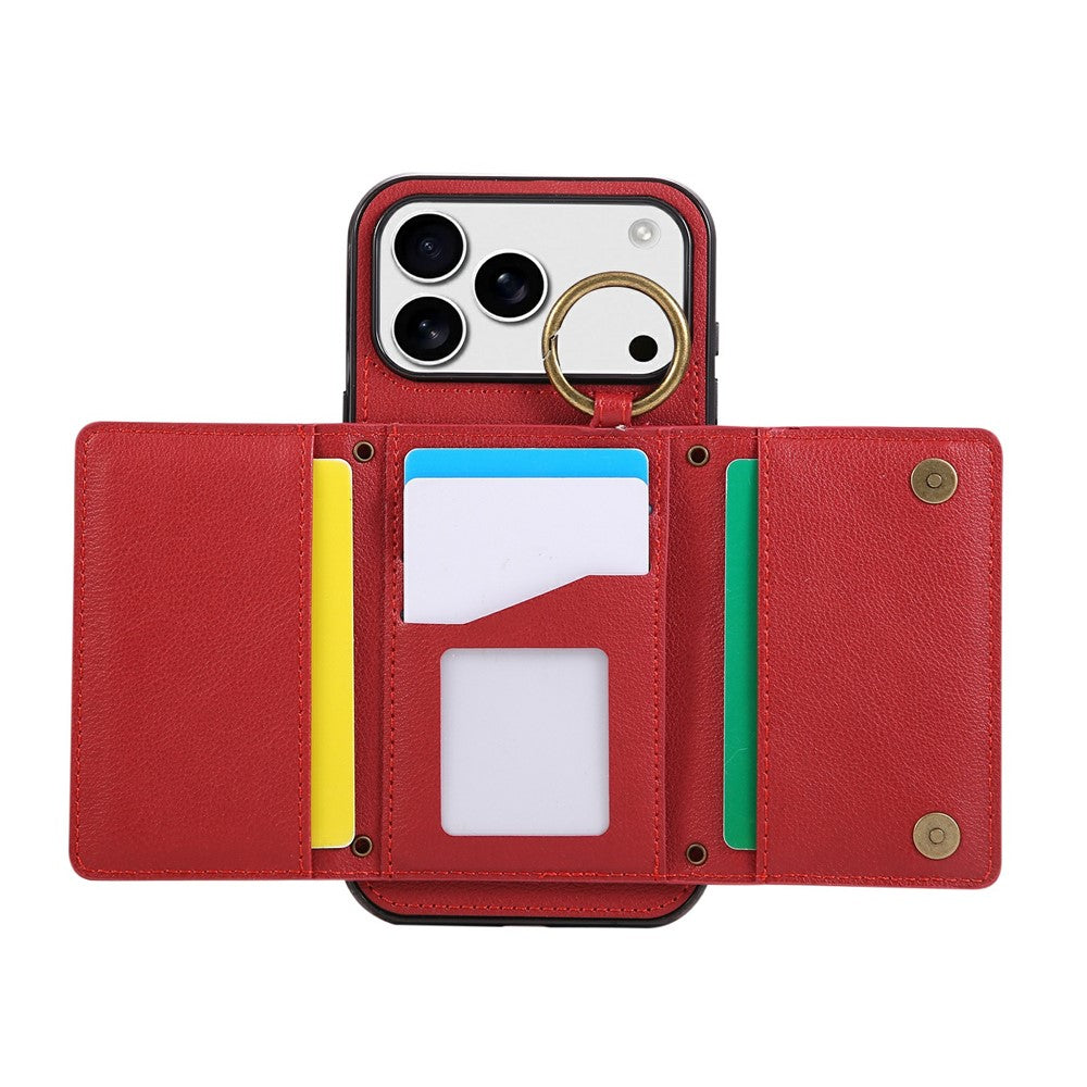 For iPhone 17 Pro Max Leather Back Cover Zipper Wallet Kickstand Phone Case with Shoulder Strap - Red