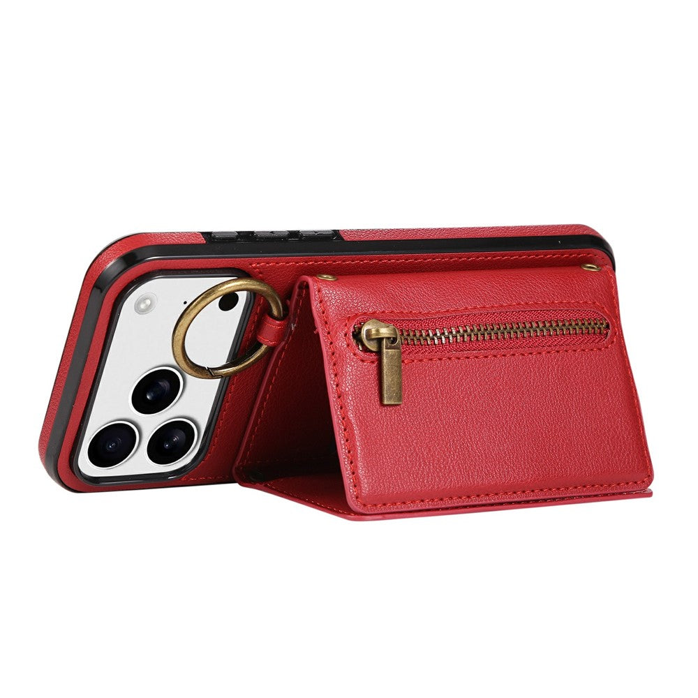 For iPhone 17 Pro Max Leather Back Cover Zipper Wallet Kickstand Phone Case with Shoulder Strap - Red