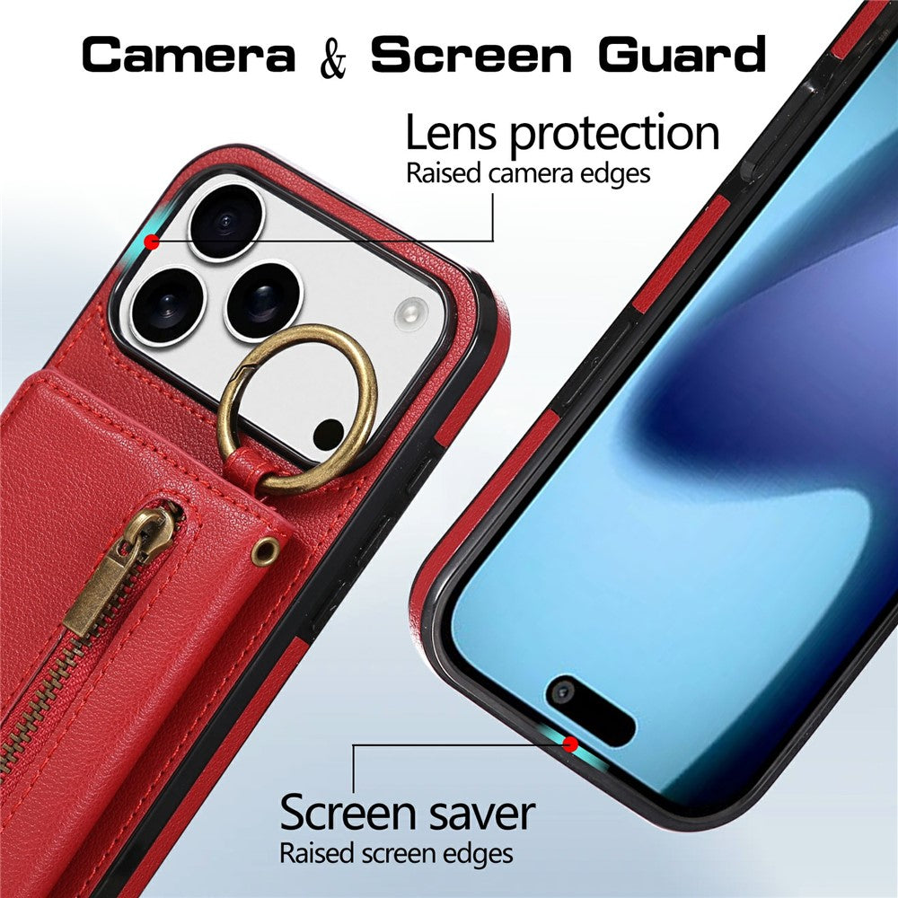 For iPhone 17 Pro Max Leather Back Cover Zipper Wallet Kickstand Phone Case with Shoulder Strap - Red