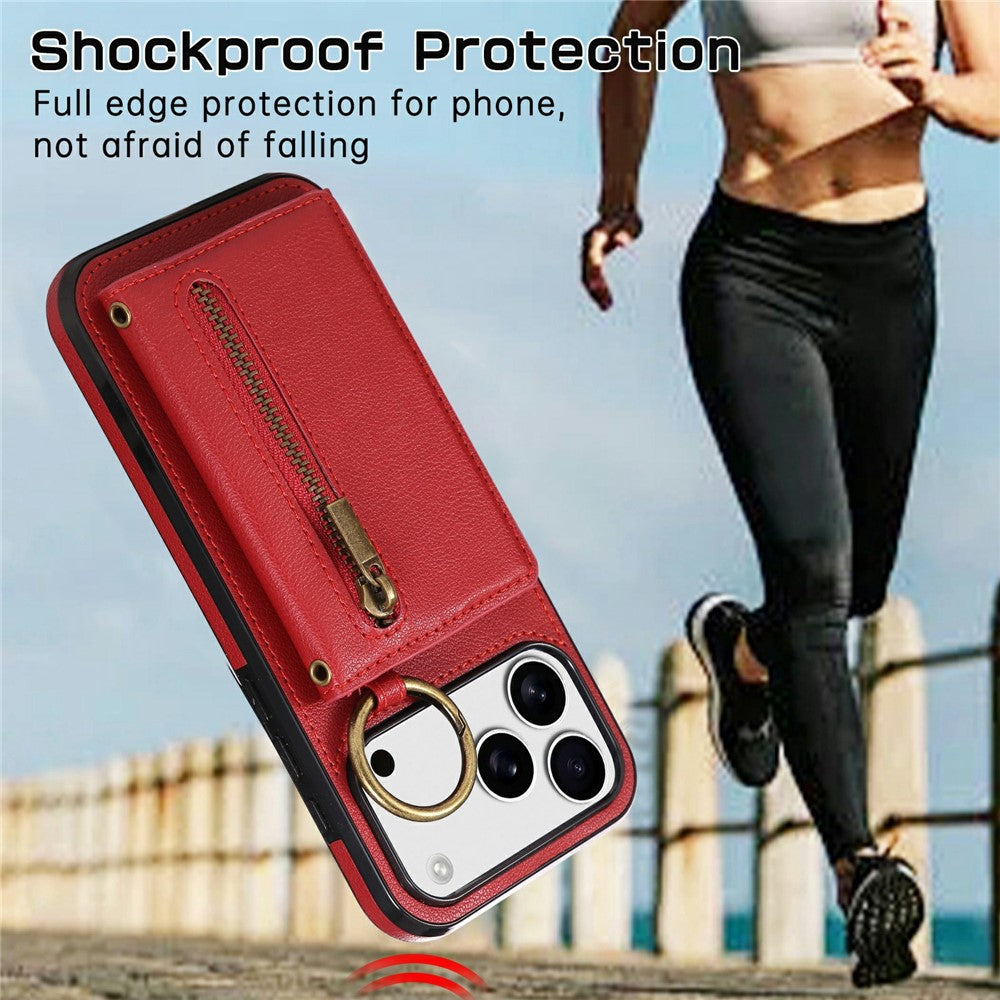 For iPhone 17 Pro Max Leather Back Cover Zipper Wallet Kickstand Phone Case with Shoulder Strap - Red