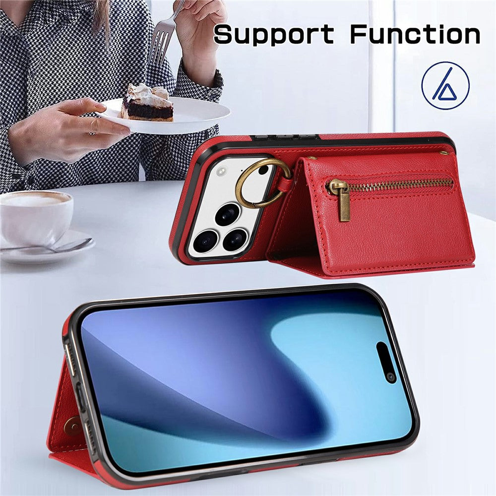 For iPhone 17 Pro Max Leather Back Cover Zipper Wallet Kickstand Phone Case with Shoulder Strap - Red