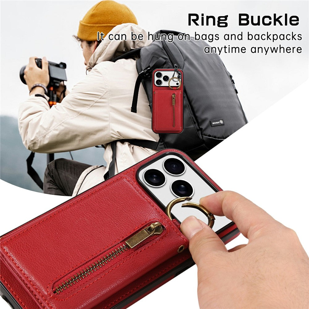 For iPhone 17 Pro Max Leather Back Cover Zipper Wallet Kickstand Phone Case with Shoulder Strap - Red