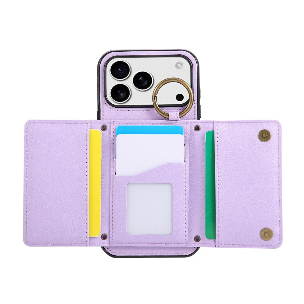 For iPhone 17 Pro Max Leather Back Cover Zipper Wallet Kickstand Phone Case with Shoulder Strap - Purple