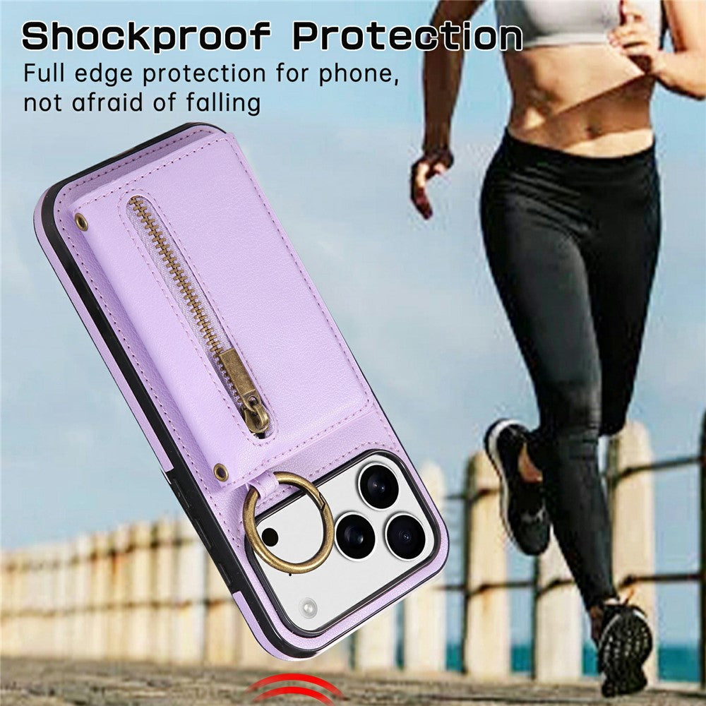 For iPhone 17 Pro Max Leather Back Cover Zipper Wallet Kickstand Phone Case with Shoulder Strap - Purple