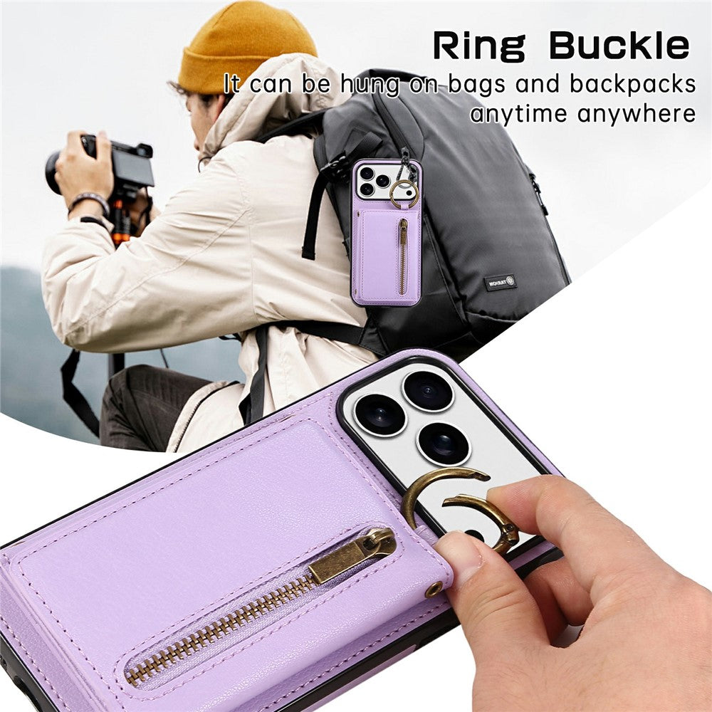 For iPhone 17 Pro Max Leather Back Cover Zipper Wallet Kickstand Phone Case with Shoulder Strap - Purple