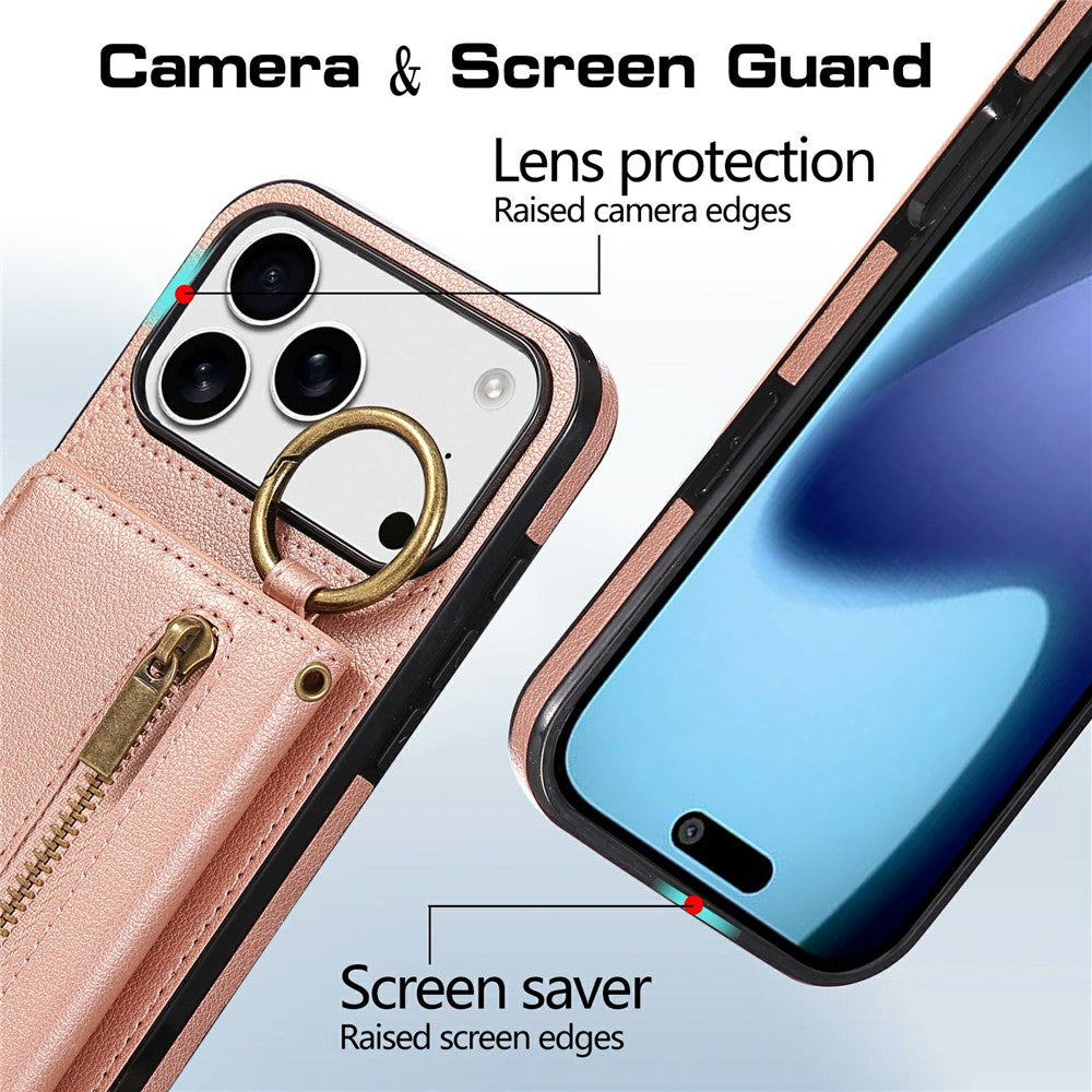 For iPhone 17 Pro Max Leather Back Cover Zipper Wallet Kickstand Phone Case with Shoulder Strap - Pink