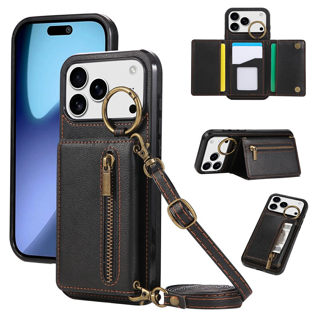 For iPhone 17 Pro Max Leather Back Cover Zipper Wallet Kickstand Phone Case with Shoulder Strap - Black