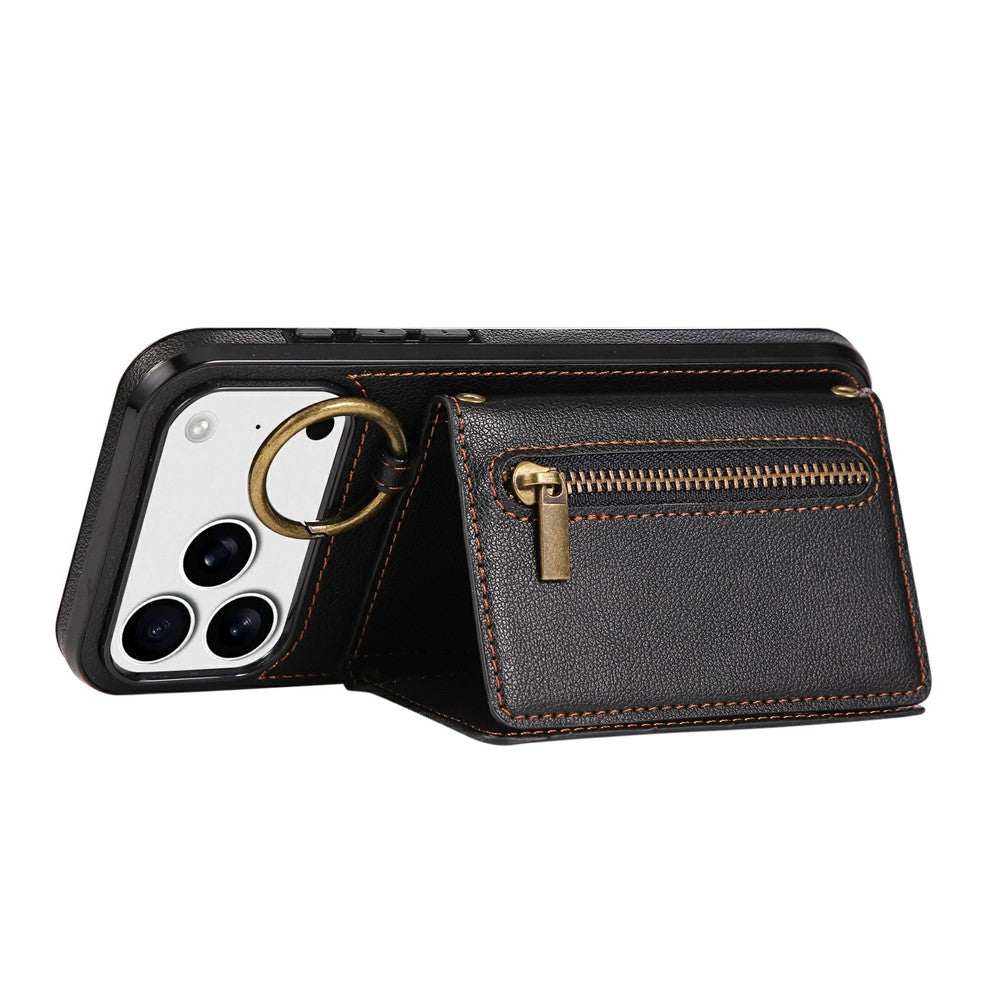 For iPhone 17 Pro Max Leather Back Cover Zipper Wallet Kickstand Phone Case with Shoulder Strap - Black