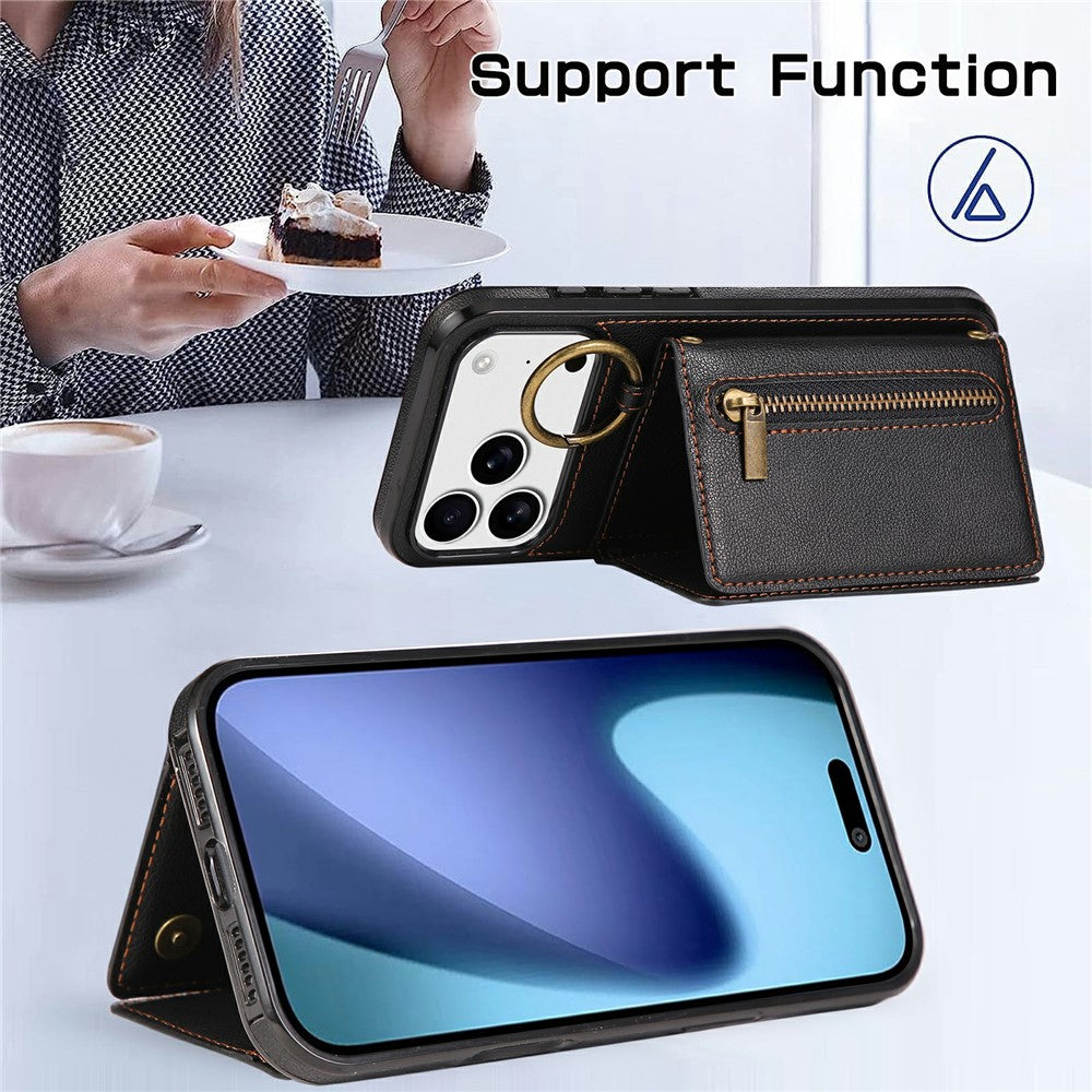 For iPhone 17 Pro Max Leather Back Cover Zipper Wallet Kickstand Phone Case with Shoulder Strap - Black