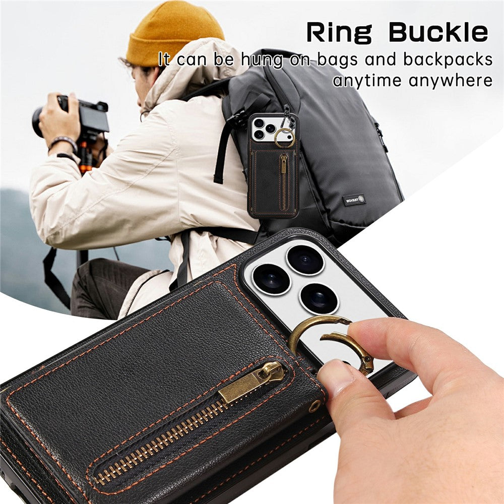For iPhone 17 Pro Max Leather Back Cover Zipper Wallet Kickstand Phone Case with Shoulder Strap - Black