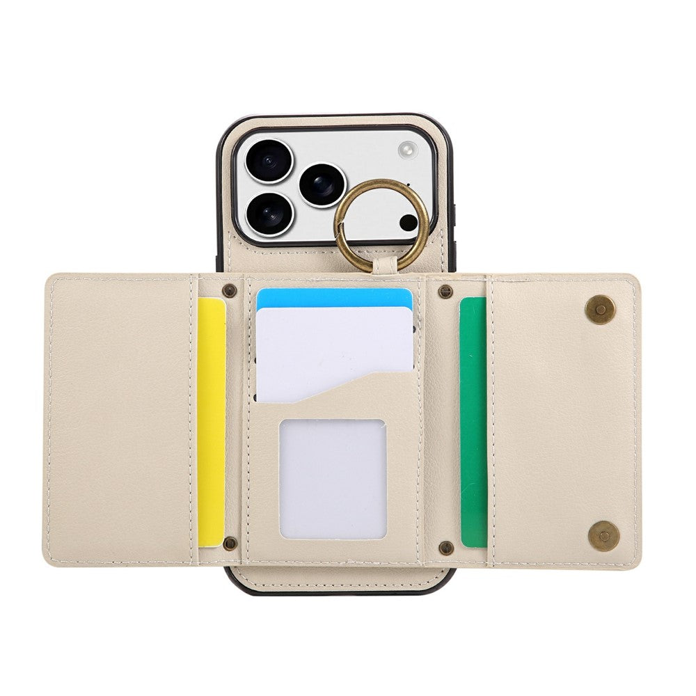 For iPhone 17 Pro Max Leather Back Cover Zipper Wallet Kickstand Phone Case with Shoulder Strap - Beige