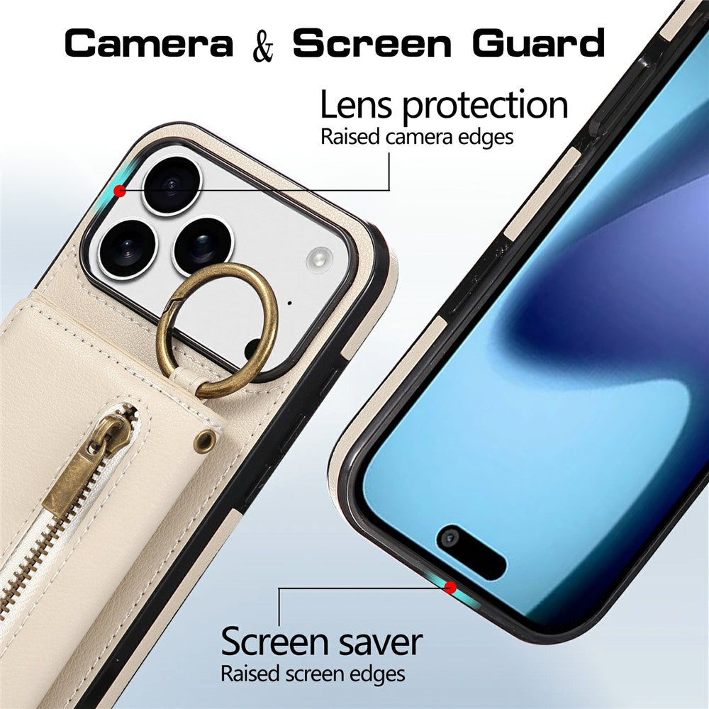 For iPhone 17 Pro Max Leather Back Cover Zipper Wallet Kickstand Phone Case with Shoulder Strap - Beige