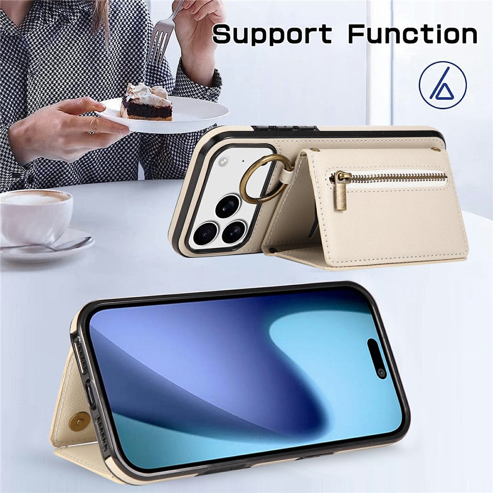 For iPhone 17 Pro Max Leather Back Cover Zipper Wallet Kickstand Phone Case with Shoulder Strap - Beige