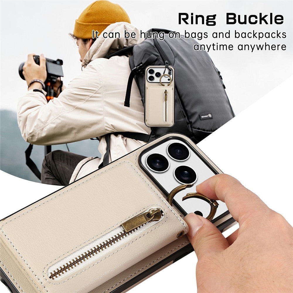 For iPhone 17 Pro Max Leather Back Cover Zipper Wallet Kickstand Phone Case with Shoulder Strap - Beige