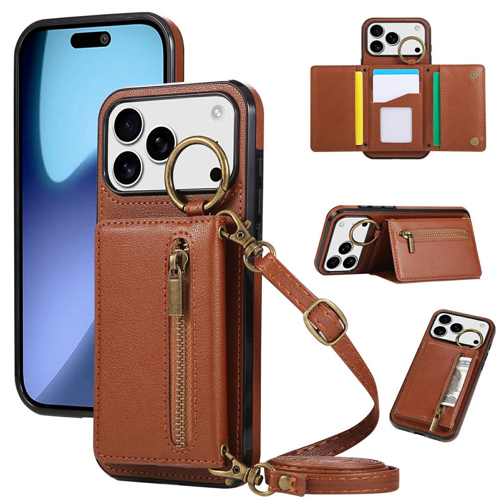 For iPhone 17 Pro Max Leather Back Cover Zipper Wallet Kickstand Phone Case with Shoulder Strap - Brown