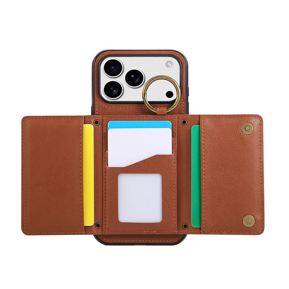 For iPhone 17 Pro Max Leather Back Cover Zipper Wallet Kickstand Phone Case with Shoulder Strap - Brown