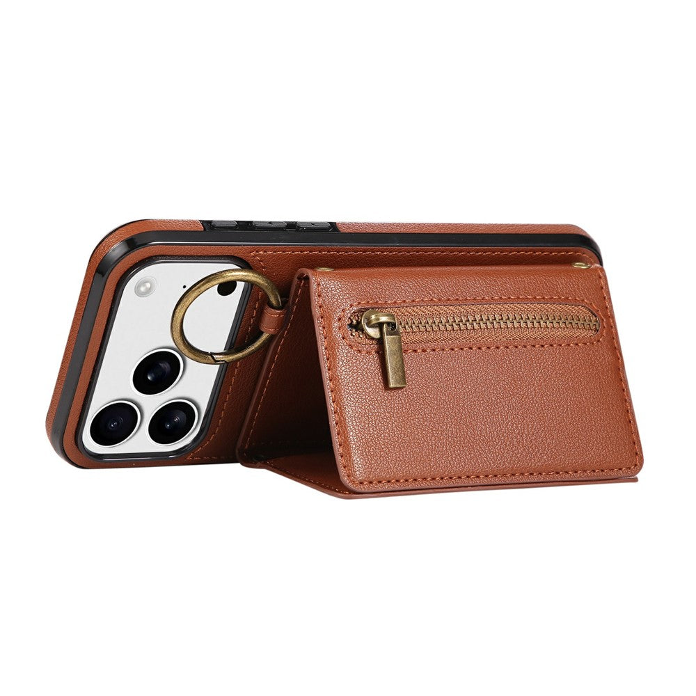 For iPhone 17 Pro Max Leather Back Cover Zipper Wallet Kickstand Phone Case with Shoulder Strap - Brown