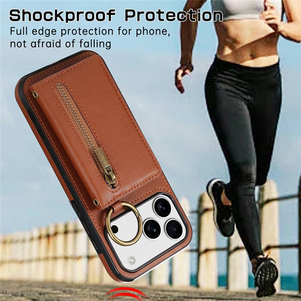 For iPhone 17 Pro Max Leather Back Cover Zipper Wallet Kickstand Phone Case with Shoulder Strap - Brown