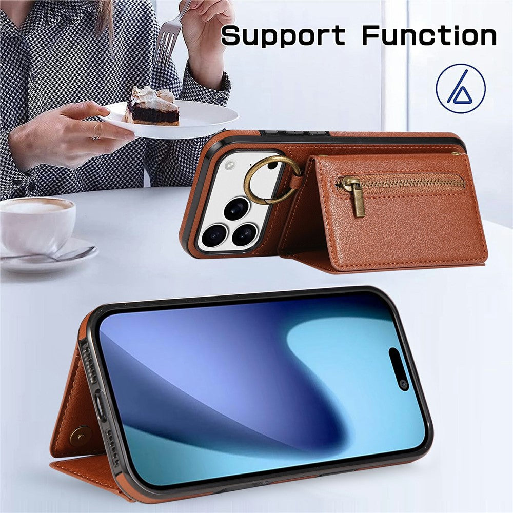 For iPhone 17 Pro Max Leather Back Cover Zipper Wallet Kickstand Phone Case with Shoulder Strap - Brown