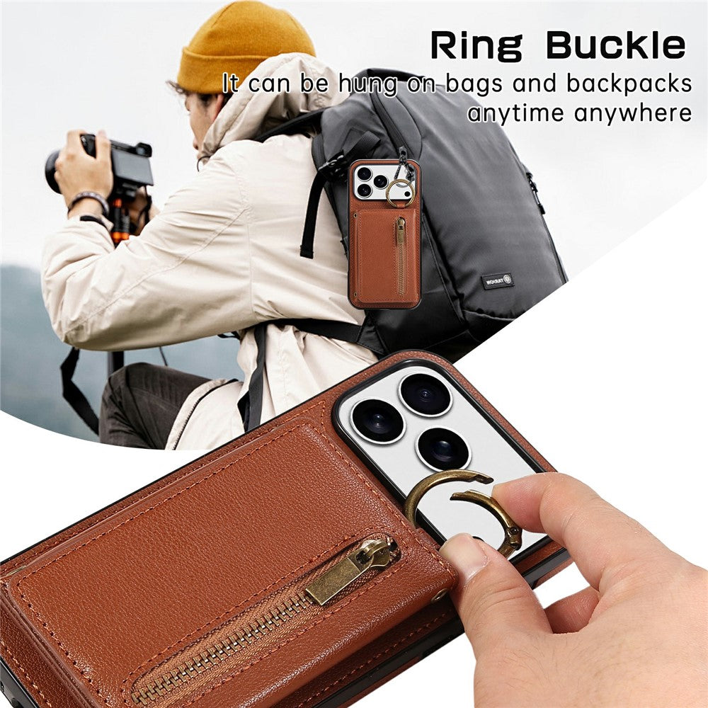 For iPhone 17 Pro Max Leather Back Cover Zipper Wallet Kickstand Phone Case with Shoulder Strap - Brown