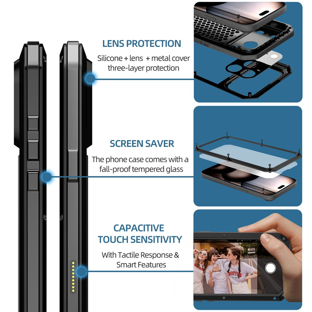 For iPhone 17 Pro Max Case Silicone + Metal Phone Cover with Tempered Glass Screen Protector - Black