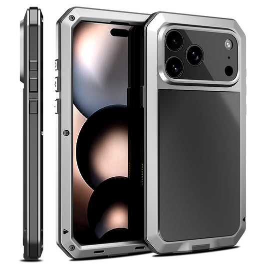 For iPhone 17 Pro Max Case Silicone + Metal Phone Cover with Tempered Glass Screen Protector - Silver