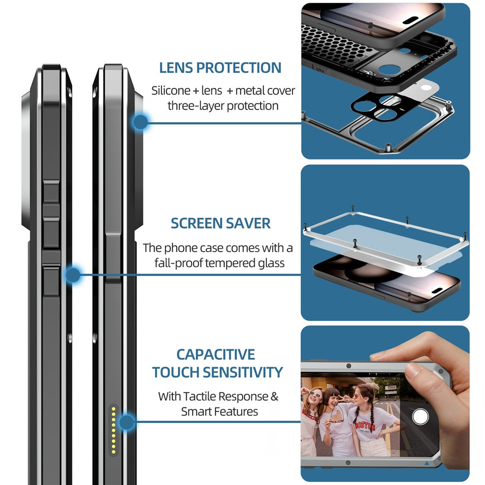 For iPhone 17 Pro Max Case Silicone + Metal Phone Cover with Tempered Glass Screen Protector - Silver