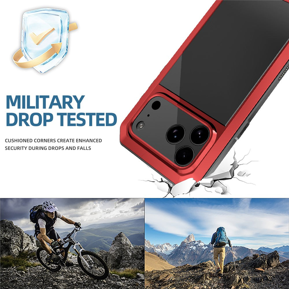 For iPhone 17 Pro Max Case Silicone + Metal Phone Cover with Tempered Glass Screen Protector - Red