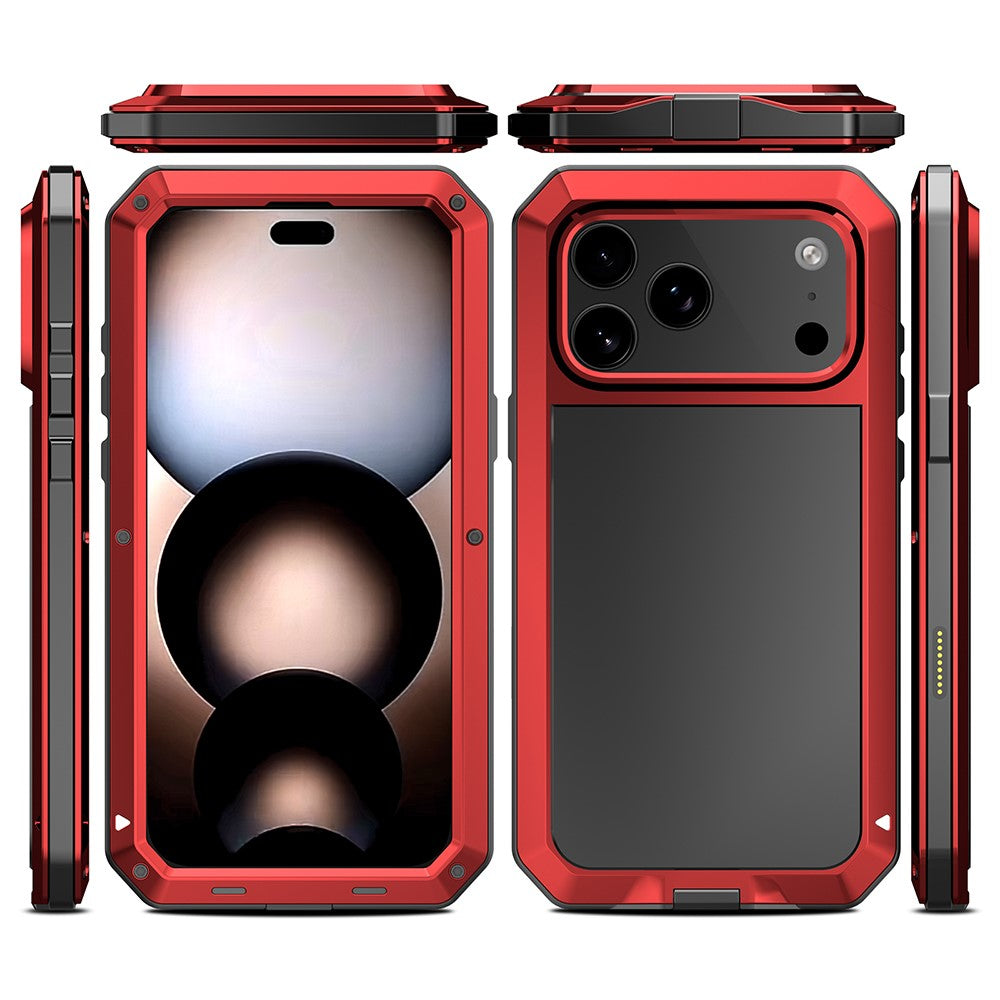 For iPhone 17 Pro Max Case Silicone + Metal Phone Cover with Tempered Glass Screen Protector - Red