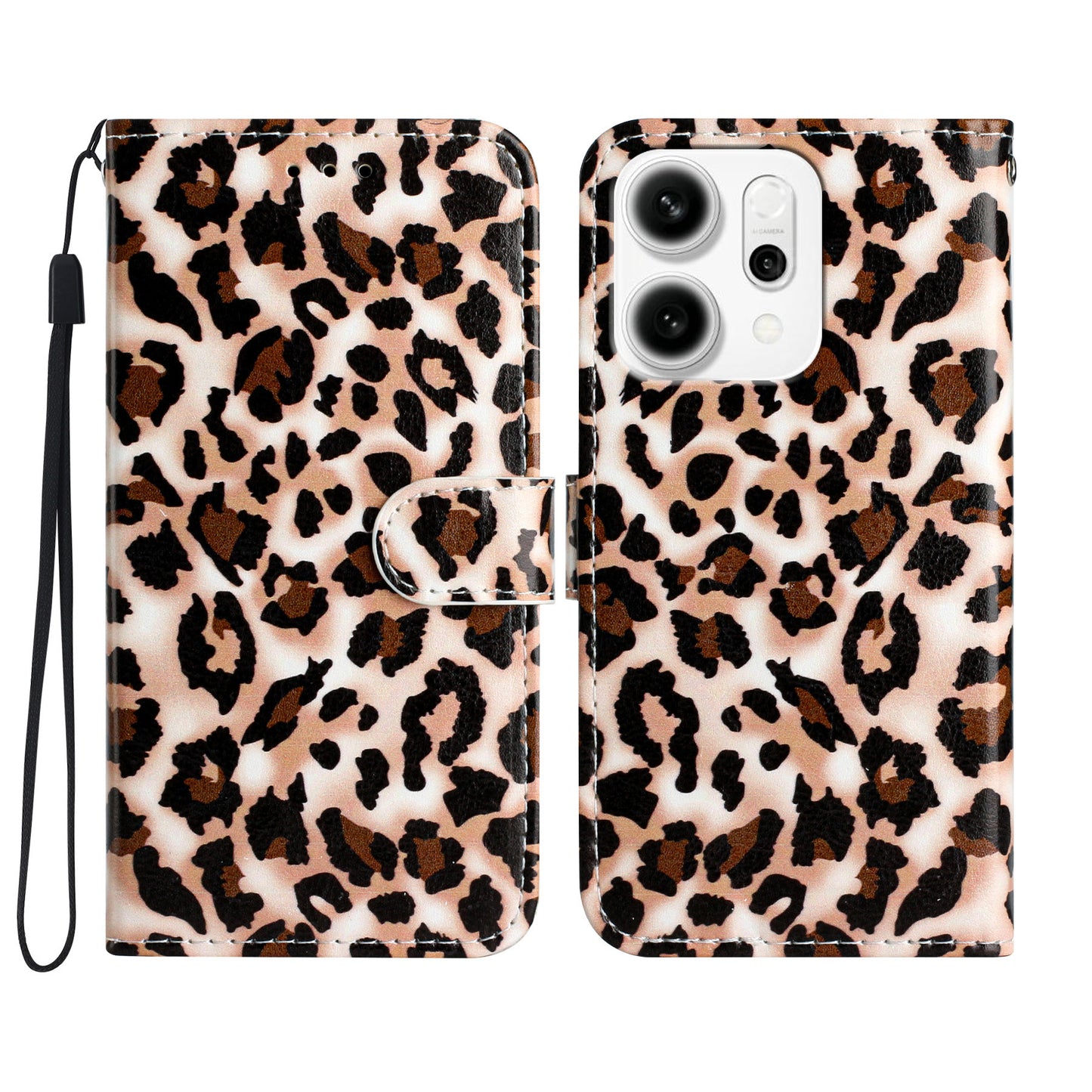 For Oppo Reno14 Pro 5G (Global) Wallet Case Printed Pattern PU Leather Stand Phone Cover with Strap - Leopard Print