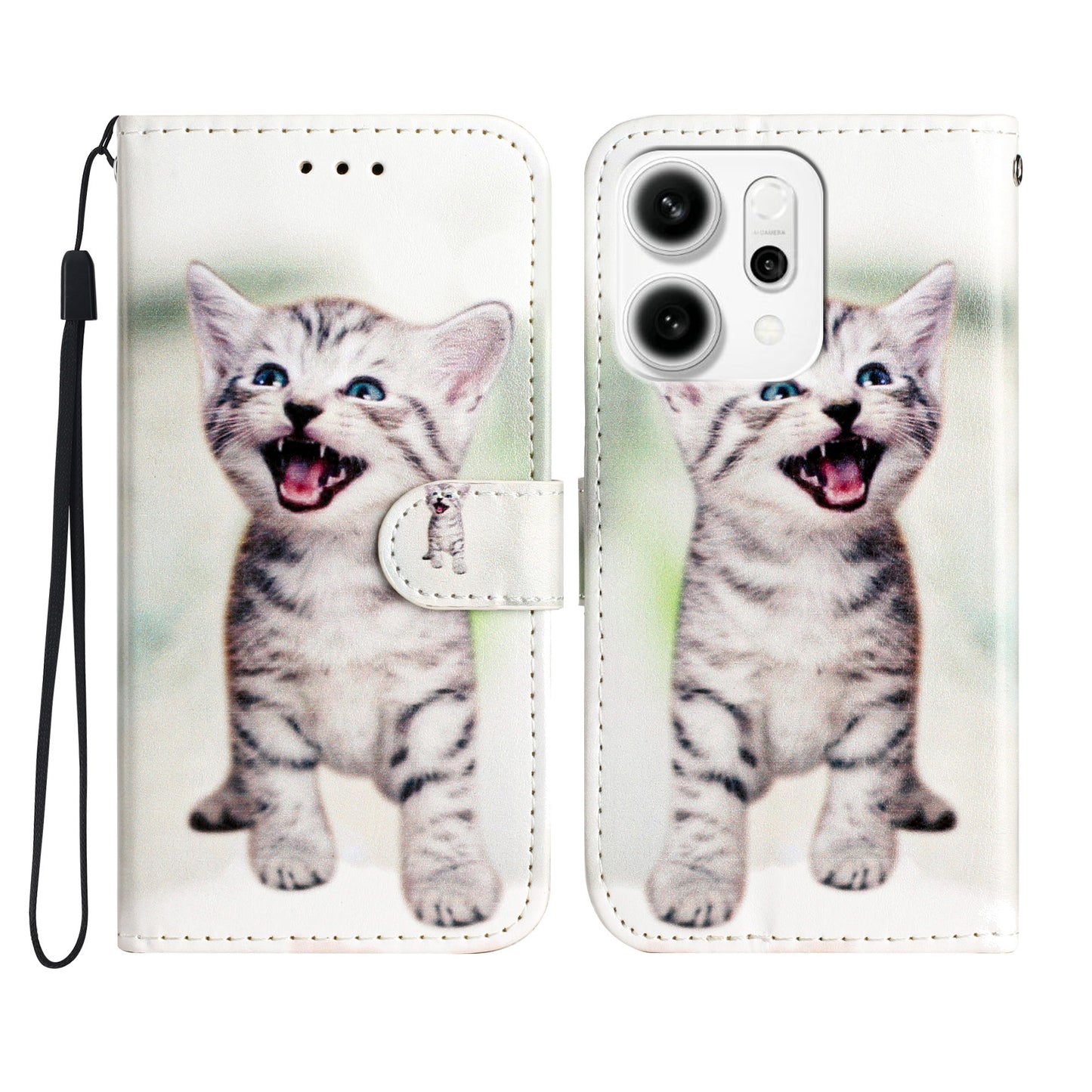 For Oppo Reno14 Pro 5G (Global) Wallet Case Printed Pattern PU Leather Stand Phone Cover with Strap - Cat