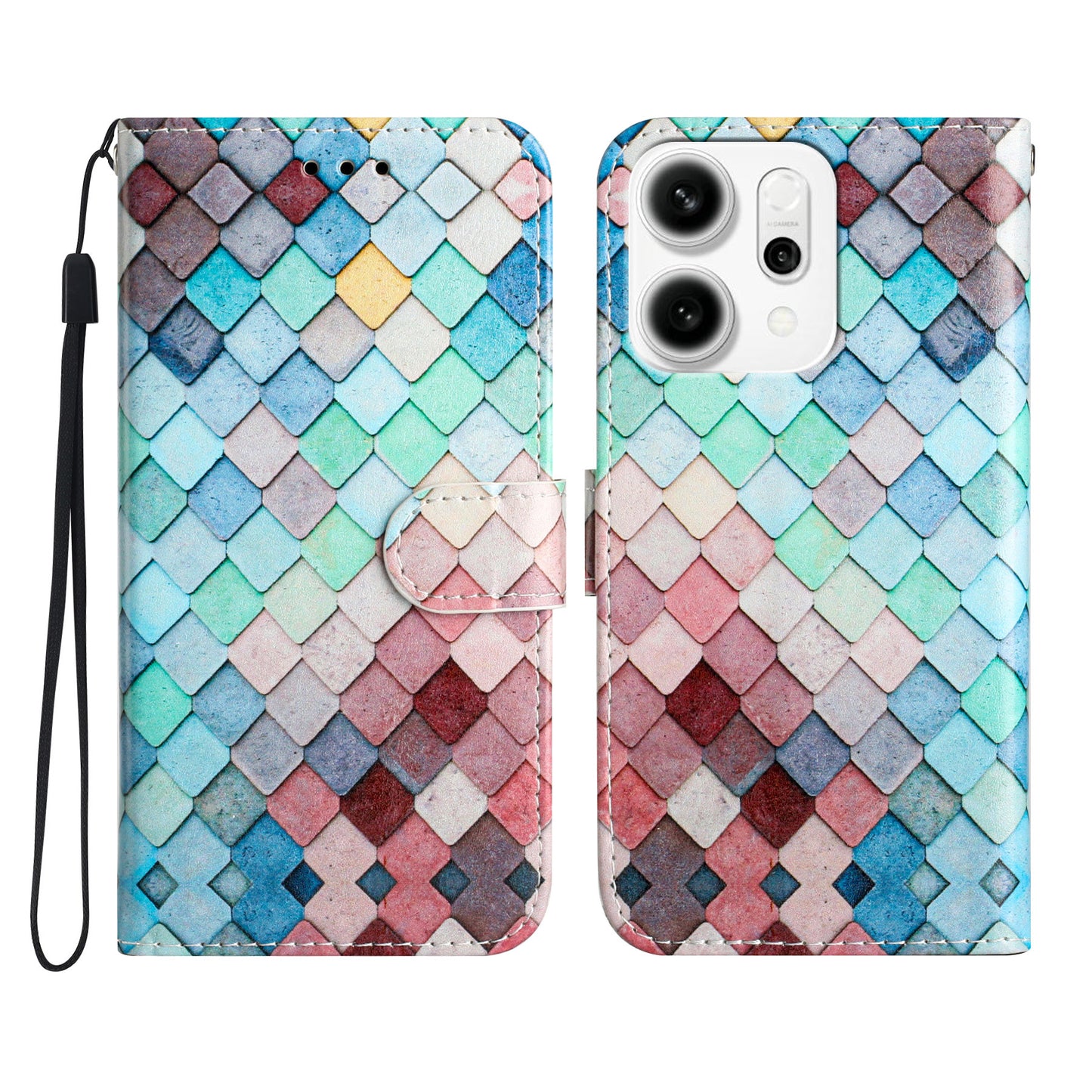 For Oppo Reno14 Pro 5G (Global) Wallet Case Printed Pattern PU Leather Stand Phone Cover with Strap - Grid