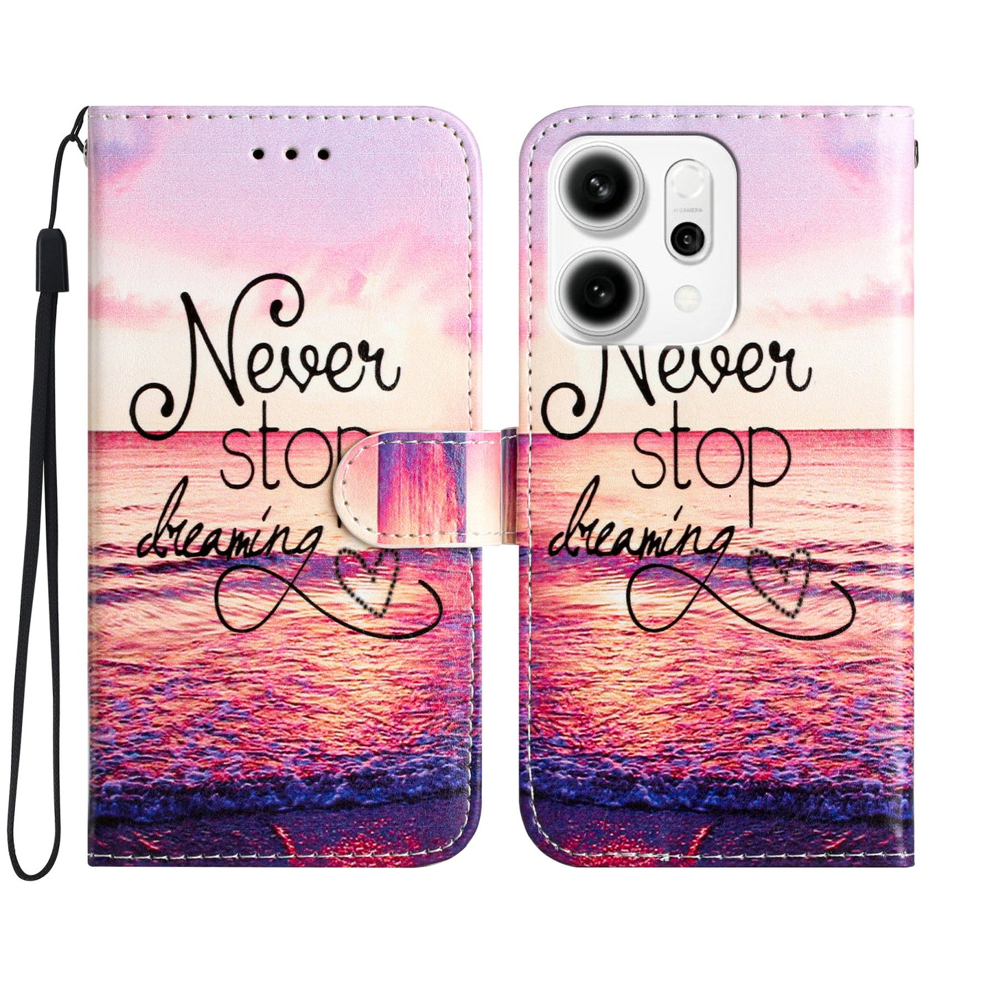 For Oppo Reno14 Pro 5G (Global) Wallet Case Printed Pattern PU Leather Stand Phone Cover with Strap - Never Stop Dreaming